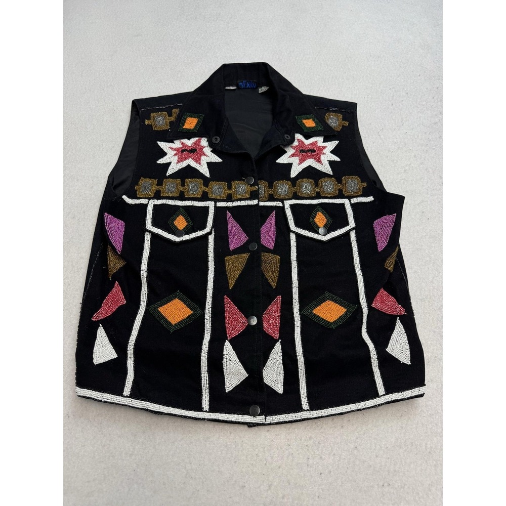 MODI Vest Women's Medium 8-10 Black Beaded Geometric Tribal Denim Collared Lined
